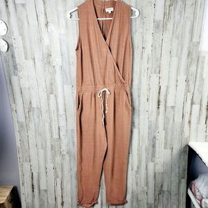 Umgee Sleeveless V-neck Drawstring Waist Jumpsuit Brown Size Small